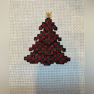 Christmas Tree Counted Cross Stitch, Hand Completed needlework on Aida cloth